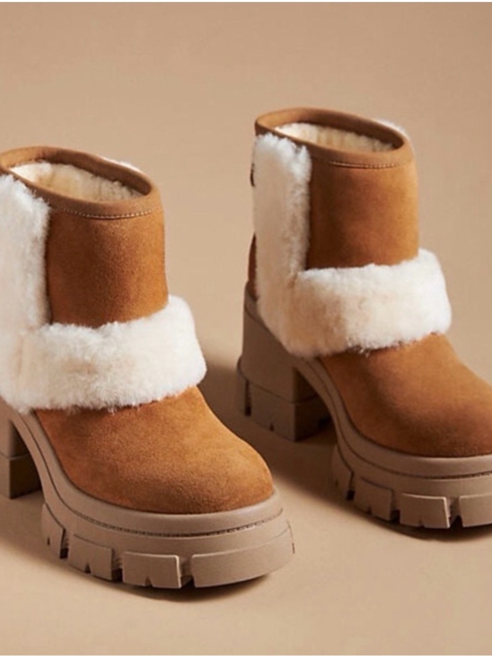 UGG Chestnut Suede Shearling-Trim Chunky Heel Ankle Boots